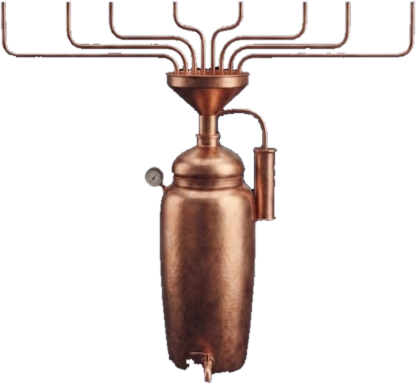 A hand-crafted copper distillation apparatus: collector pipes fan into a wide intake funnel feeding a slender pot still, with one output spout at the base.